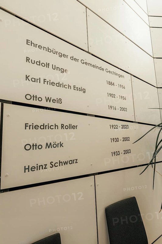 Panel with honorary citizens' names in a minimalistic interior, Gechingen Town Hall, Calw district, Germany