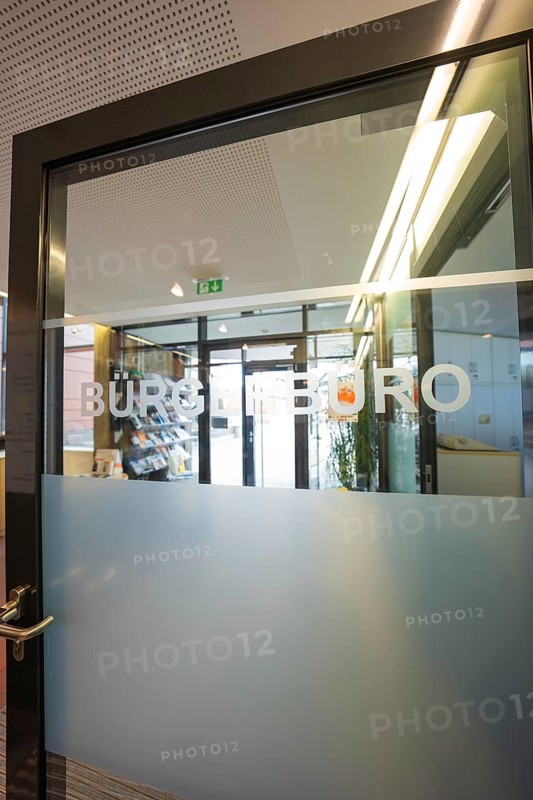Glass door of the Bürgerbüro, modern design with bright office atmosphere, reception area, Gechingen Town Hall, Calw district, Germany