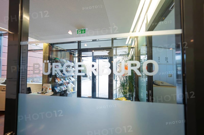 Entrance to the Bürgerbüro with modern glass wall and fonts, bright interior design, Gechingen Town Hall, Calw district, Germany