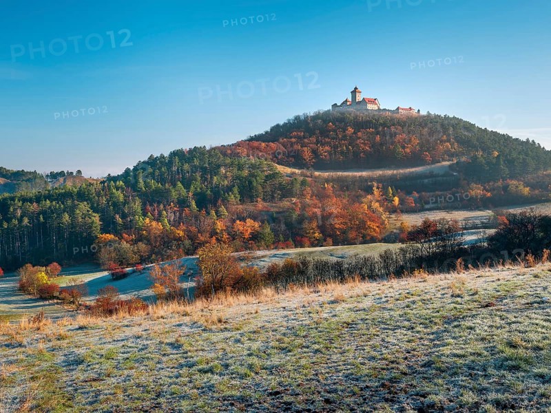 View of Wachsenburg Castle in autumn, meadow with hoarfrost, Burgenensemble Drei Gleichen, Thuringian Burgenland, Thuringian Basin, Holzhausen, Thuringia, Germany