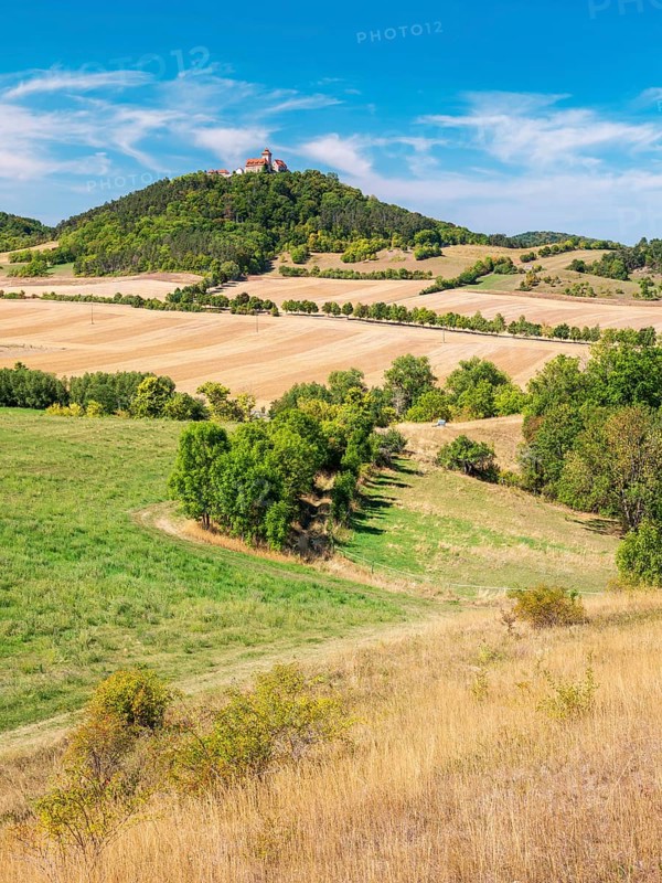 View of hilly landscape with meadows, fields and forests of Wachsenburg Castle in summer, Burgenensemble Drei Gleichen, Thuringian Burgenland, Thuringian Basin, Holzhausen, Thuringia, Germany