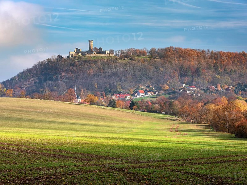 View over field with winter sowing of the ruins of Mühlburg and the village of Mühlberg in autumn, Burgenensemble Drei Gleichen, Thuringian Burgenland, Thuringian Basin, Mühlberg, Thuringia, Germany