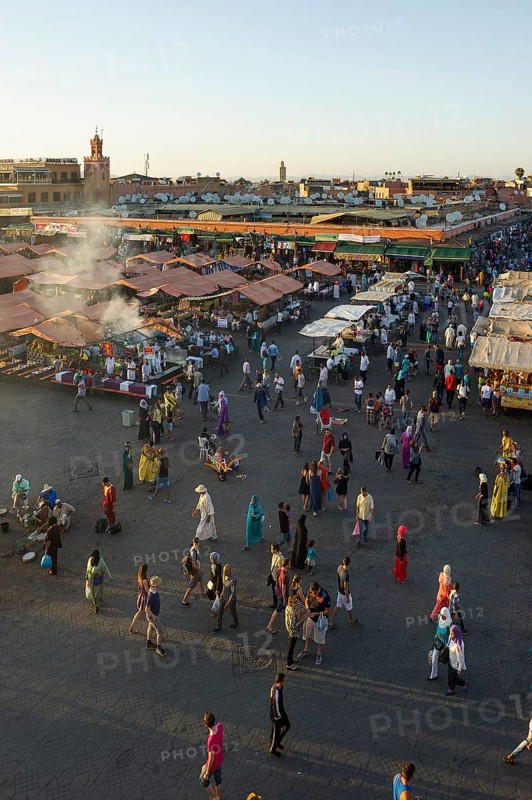 Place Djemma el-Fna, Gauklerplatz, UNESCO World Heritage Site, sunset, Marrakech, Morocco