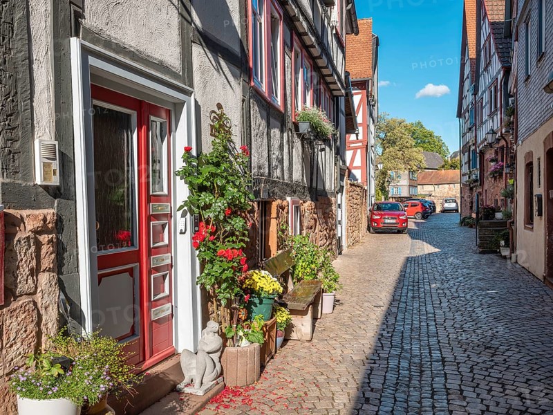 Narrow alley with half-timbered houses and cobblestones in the historic old town of Büdingen, Hesse, Germany