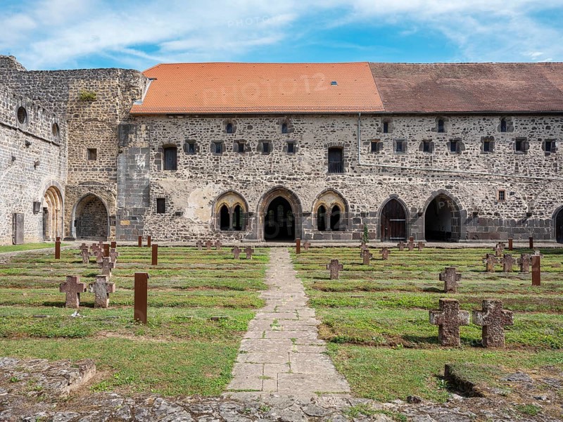 Arnsburg Abbey, courtyard with military cemetery, district of Lich, Hesse, Germany