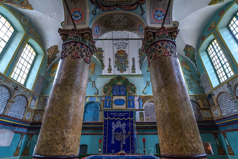Central Bima, a parish in the back, curtain in front of the Torah shrine, synagogue in Lancut formerly Landshut, Poland