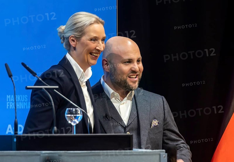 Campaign event for the state election of the AfD party at the Congress Centre Pforzheim CCP. Markus Frohnmaier (MdB, right) is the leading candidate for the office of Minister President in Baden-Württemberg. Alice Weidel, co-chair of the parliamentary group of the right-wing populist and far-right party Alternative for Germany AfD. Federal spokesperson of the party. Pforzheim, Baden-Württemberg, Germany