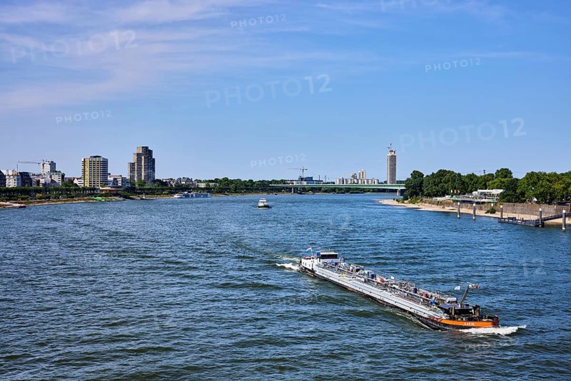 Rhine river, total view, general architecture, skyscrapers, car bridge, zoo bridge, trees, tanker Karin, bird's eye view, blue sky, cirrus clouds, Cologne, district-free city, North Rhine-Westphalia, Germany