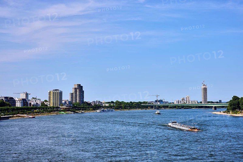 Rhine river, total view, general architecture, skyscrapers, car bridge, zoo bridge, trees, tanker, bird's eye view, blue sky, cirrus clouds, Cologne, district-free city, North Rhine-Westphalia, Germany