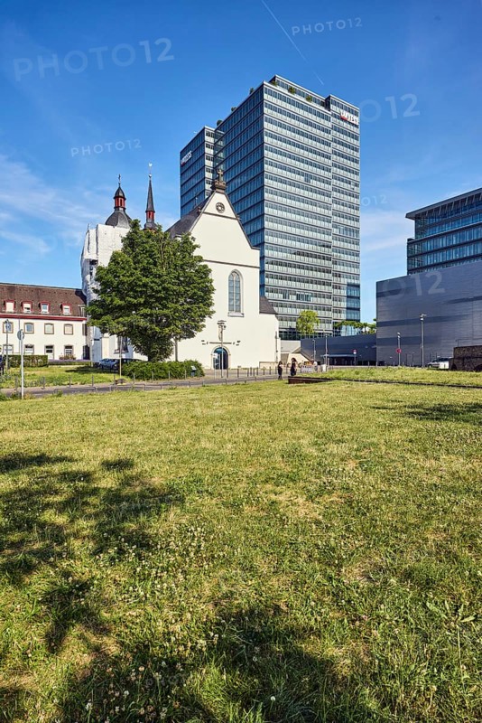 MaxCologne high-rise building, Lanxess, corporate headquarters, Lanxess Tower, Alt St. Heribert church, general development, commercial building, modern architecture, lawn, trees, blue sky, cirrus clouds, Urbanstraße, Kennedy-Ufer, Cologne, district-free city, North Rhine-Westphalia, Germany