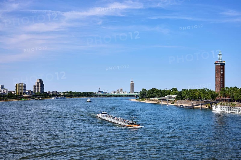Rhine river, total view, general architecture, skyscrapers, exhibition tower, car bridge, zoo bridge, trees, tanker, bird's eye view, blue sky, cirrus clouds, Cologne, district-free city, North Rhine-Westphalia, Germany