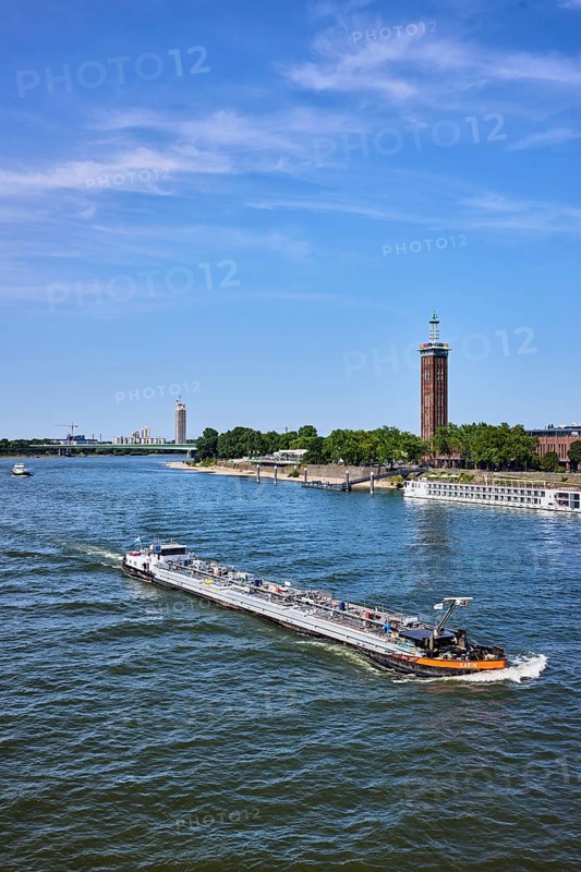Rhine river, total view, general architecture, car bridge, zoo bridge, exhibition tower, trees, tanker Karin, bird's eye view, blue sky, cirrus clouds, Cologne, district-free city, North Rhine-Westphalia, Germany