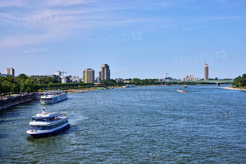 Rhine river, total view, general architecture, skyscrapers, car bridge, zoo bridge, sightseeing boats, trees, bird's eye view, blue sky, cirrus clouds, Cologne, district-free city, North Rhine-Westphalia, Germany