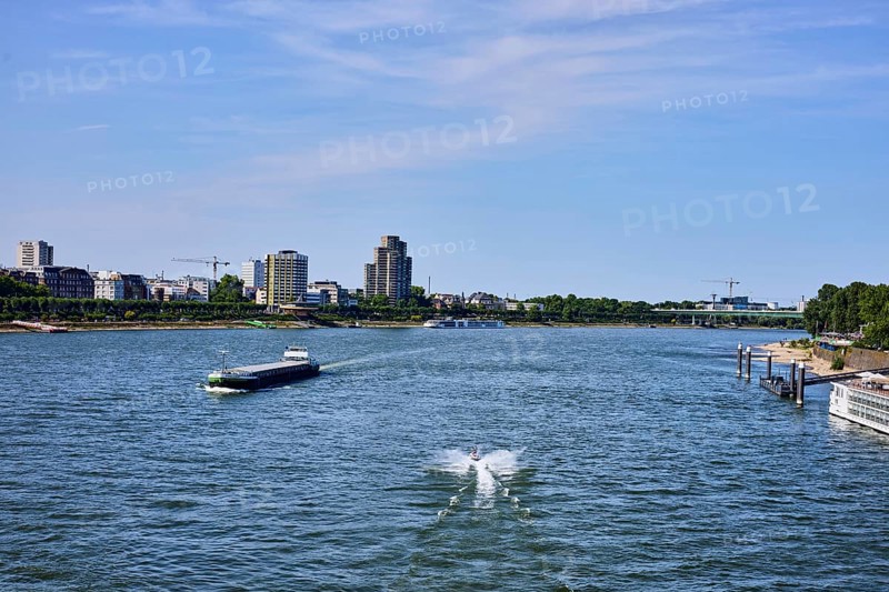 Rhine river, total view, European ship Pankgraf, jet ski, car bridge, zoo bridge, general architecture, high-rise buildings, trees, bird's eye view, blue sky, cirrus clouds, Cologne, district-free city, North Rhine-Westphalia, Germany