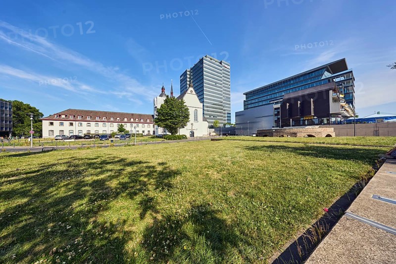MaxCologne high-rise building, Lanxess, corporate headquarters, Lanxess Tower, Alt St. Heribert church, general development, commercial building, modern architecture, lawn, trees, blue sky, cirrus clouds, Urbanstraße, Kennedy-Ufer, Cologne, district-free city, North Rhine-Westphalia, Germany