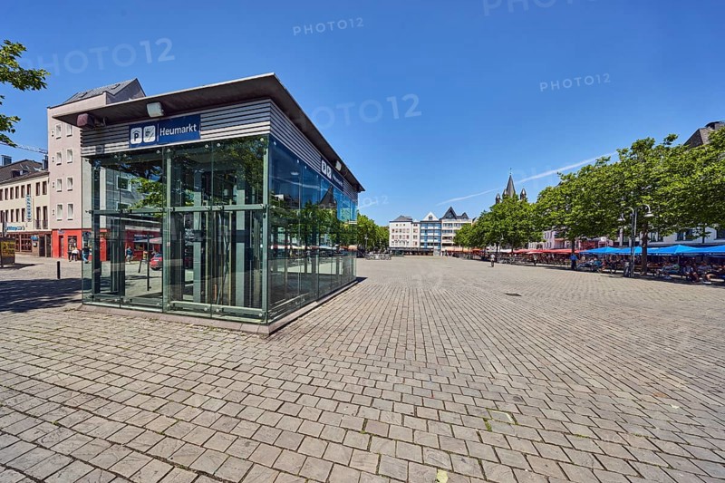 Underground car park, modern architecture, general development, paving stone square, trees, blue sky, cirrus clouds, hay market, Cologne, district-free city, North Rhine-Westphalia, Germany