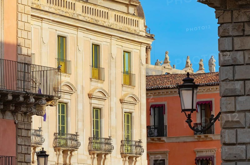 Historic centre view including Badia di Sant'Agata church rooftop, Catania, Sicily, Italy