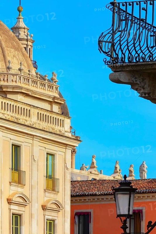 Historic centre view including Badia di Sant'Agata church rooftop, Catania, Sicily, Italy