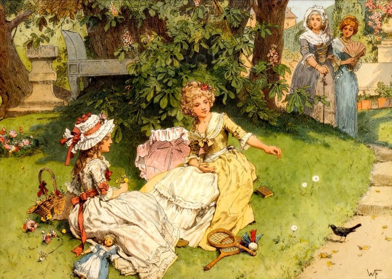 Princess Louise and Friederike of Mecklenburg-Strelitz as children in the garden of castle Broich, (1787), Louise of Mecklenburg-Strelitz, 1776–1810, queen consort of Prussia, historical painting by W. Friedrich