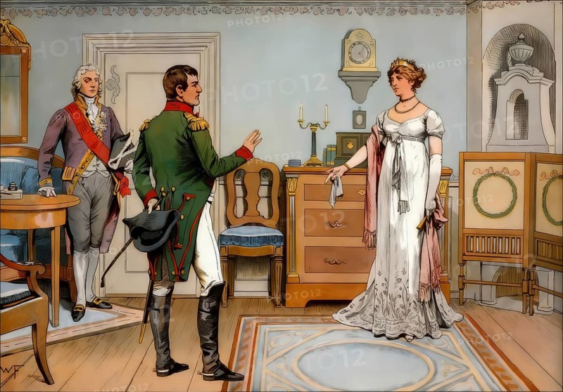 Napoleonic Wars, Conversation with Napoleon I in Tilsit, 1807, Louise of Mecklenburg-Strelitz, 1776 - 1810, queen consort of Prussia, Frederick William III, historical painting