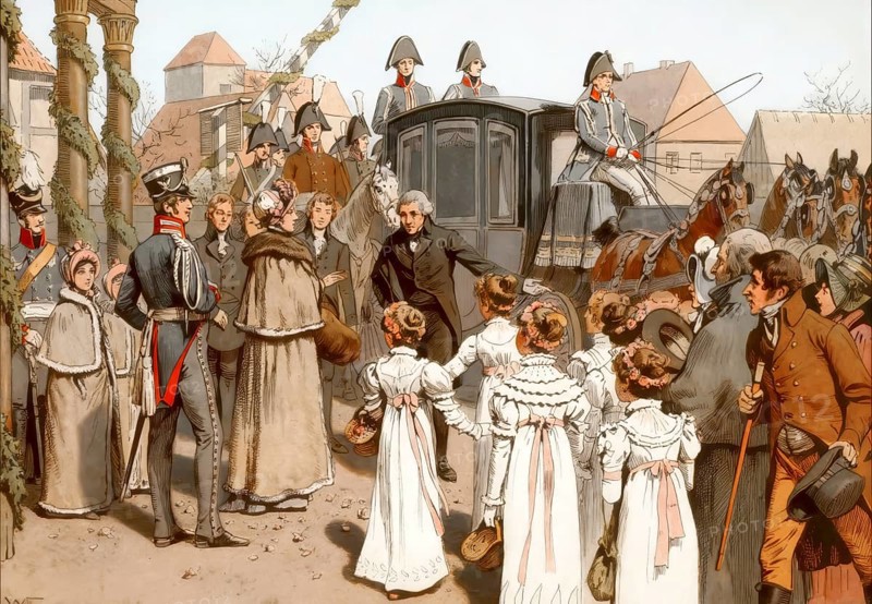 Return of the royal family to Berlin, 23 December 1809, Mayor Büsching welcomes the Queen in Weissensee, Berlin, Germany, Louise of Mecklenburg-Strelitz, 1776 - 1810, queen consort of Prussia, Frederick William III, King of Prussia