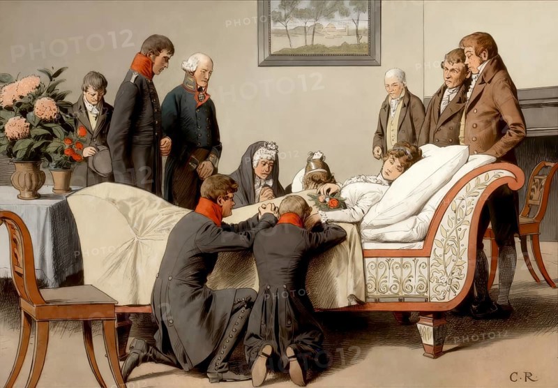 The king and his two eldest sons at the deathbed of the Queen in Hohenzieritz on the morning of July 19, 1810, Louise of Mecklenburg-Strelitz, 1776 - 1810, queen consort of Prussia, Frederick William III, King of Prussia, historical painting