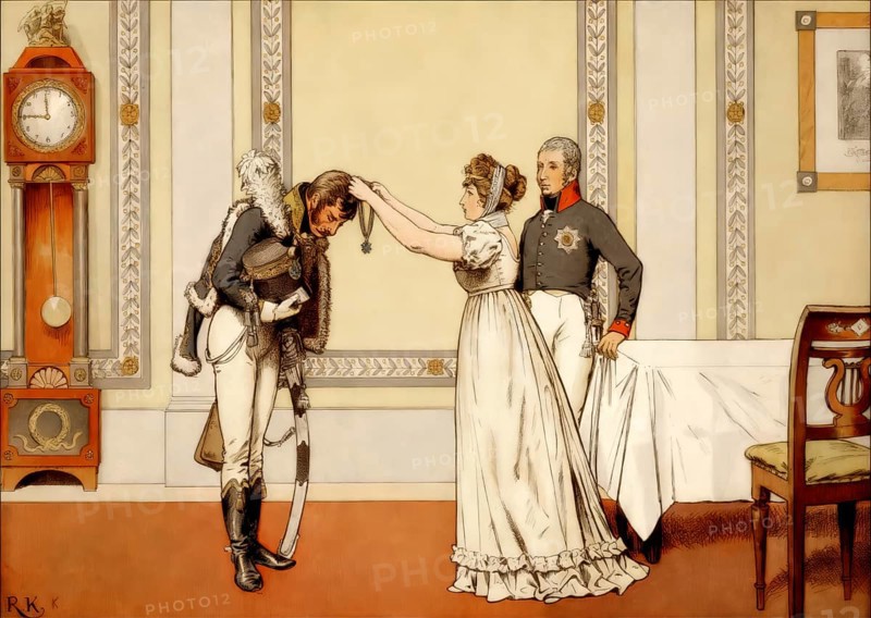 Napoleonic Wars, Queen Louise imparts Lieutenant Hellwig the Order pour le Merite, Memel, 1807, Louise of Mecklenburg-Strelitz, 1776 - 1810, queen consort of Prussia, Frederick William III, historical painting