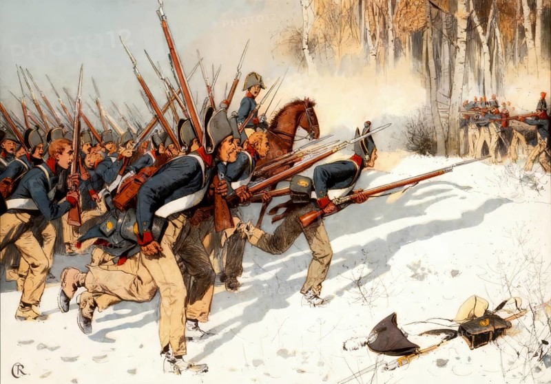 The Battle of Eylau or Battle of Preussisch-Eylau, 7 and 8 February 1807, between Napoléon's Grande Armée against a Russian Empire army and Prussian soldiers, Napoleonic Wars, historical painting