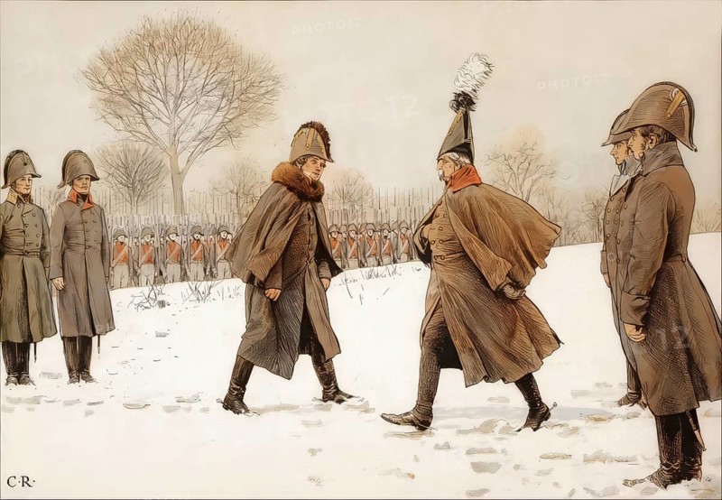 Replacement of prisoners, General Blucher against the French Marshal Victor on February 20, 1807, Napoleonic Wars, historical painting