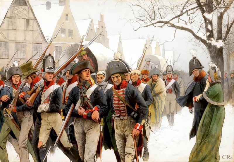 Napoleonic Wars, the remaining Prussian army passing the royal couple, Memel on January 14, 1807, Louise of Mecklenburg-Strelitz, 1776 - 1810, queen consort of Prussia, Frederick William III, historical painting