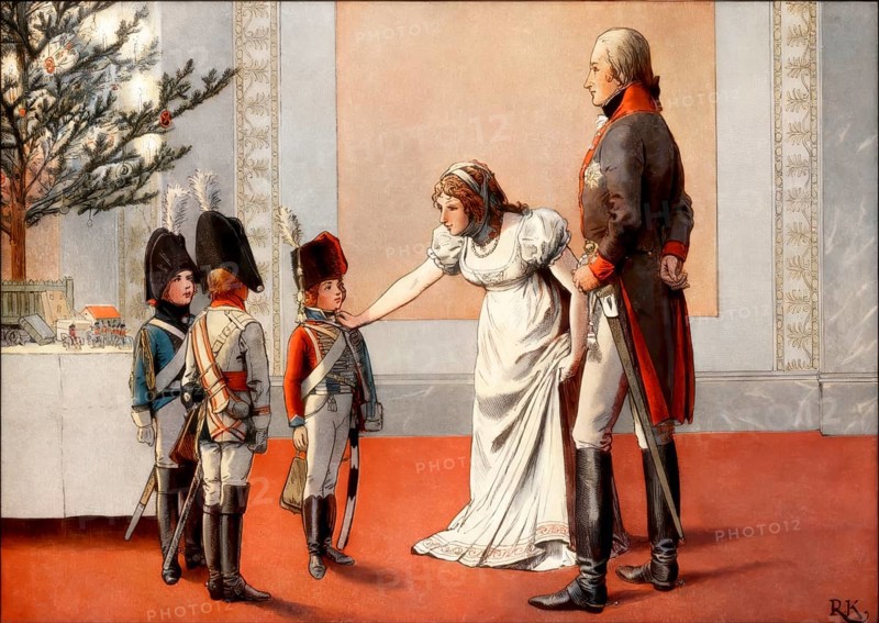 The royal couple Frederick William III and Louise on Christmas Eve 1803, giving uniforms as presents to his sons: Frederick William, William, Frederick Louis (Garde du Corps, Hussar and Dragoon), Louise of Mecklenburg-Strelitz, 1776 - 1810, queen consort of Prussia