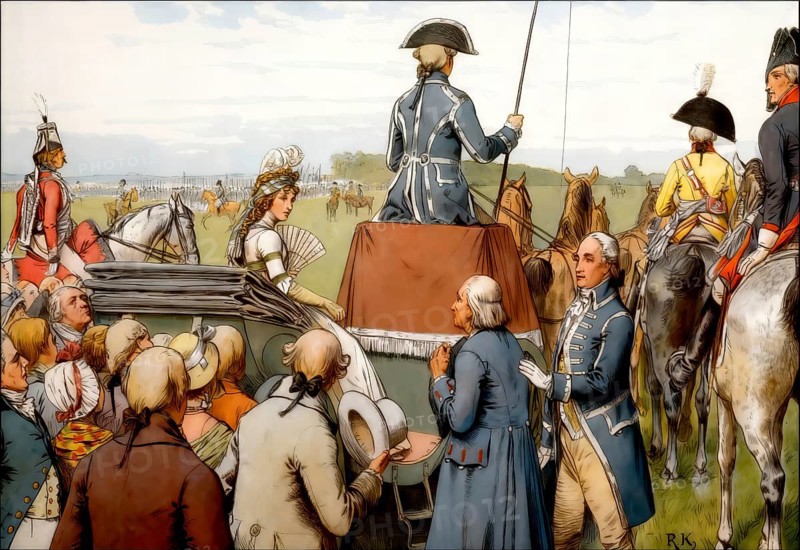 Queen Louise at a parade on the parade ground at Stargard, 1798, Louise of Mecklenburg-Strelitz, 1776 - 1810, queen consort of Prussia, historical painting by R. Knötel
