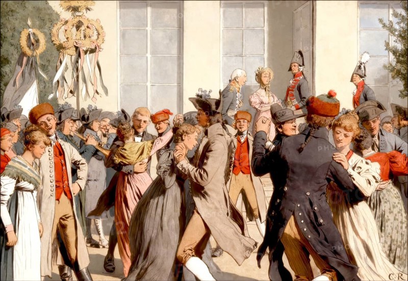 Games and dances at the Harvest Festival in Paretz, together with the Crown Princess Louise, Germany, Louise of Mecklenburg-Strelitz, 1776 - 1810, queen consort of Prussia, historical painting by C. Röchling