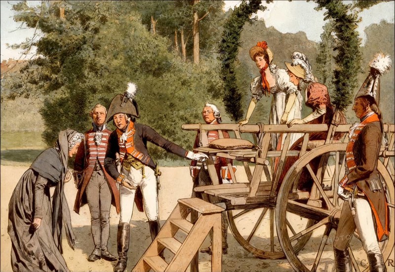 Louise A trip on the wagon, the young royal couple Louise and Frederick William III with the Grand Mistress, Lady d'Etiquette on the summerhouse Oranienburg, Germany, Louise of Mecklenburg-Strelitz, 1776 - 1810, queen consort of Prussia, historical painting by C. Röchlingof Mecklenburg, 1776–1810, queen consort of Prussia