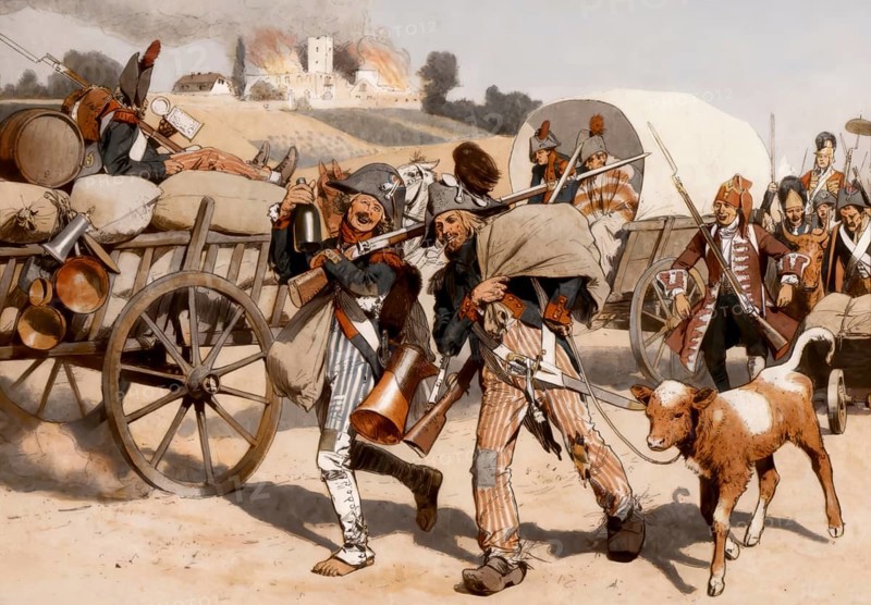 French Revolution soldiers in the Palatinate robbing and looting, Germany, 1793, historical painting by C. Röchling, Publishing house Paul Kittel, 1896