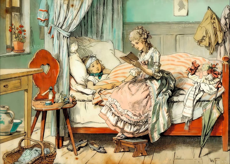 Princess Louise at the bedside of a sick scarlet village child in Broich, reading a fairy tale (1789), Louise of Mecklenburg-Strelitz, 1776–1810, queen consort of Prussia, historical painting by W. Friedrich