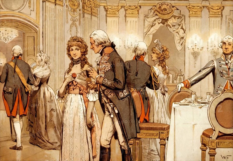 First meeting of the Crown Prince Friedrich Wilhelm of Prussia with its subsequent bride, Princess Louise, Frankfurt a. M, 1793, Louise of Mecklenburg-Strelitz, 1776–1810, queen consort of Prussia, historical painting by W. Friedrich
