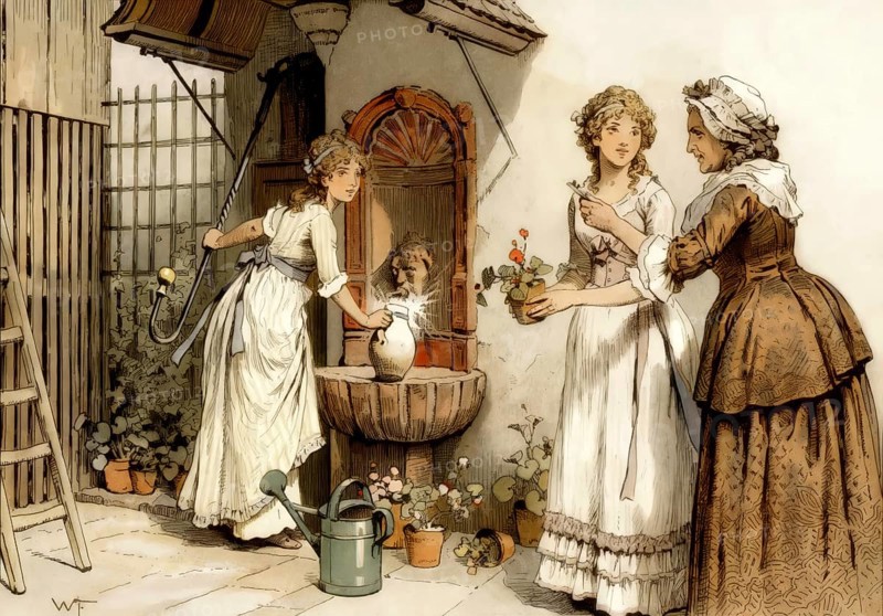 Louise and Friederike at the home of Mrs. Goethe in Frankfurt a.M, Germany (1790), Louise of Mecklenburg-Strelitz, 1776–1810, queen consort of Prussia, historical painting by W. Friedric