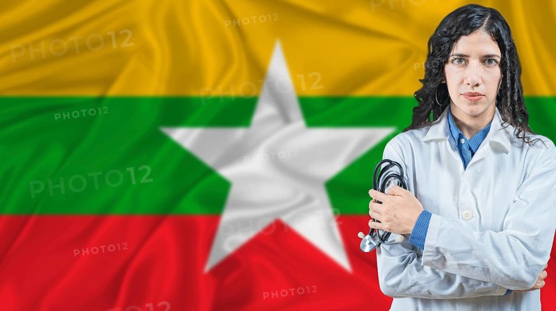 Burmese national health system, Medical professional on Myanmar flag background