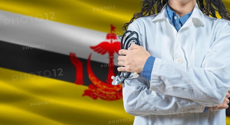 Healthcare professional with Brunei flag background. Professional doctor holding stethoscope on Brunei flag background