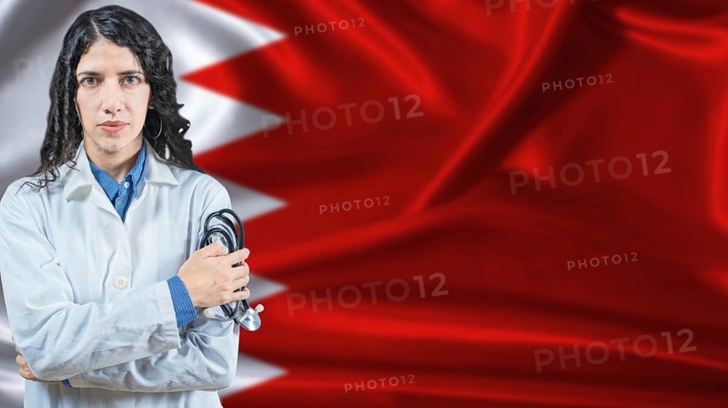 Bahraini national health system, Medical professional on Bahrain flag background