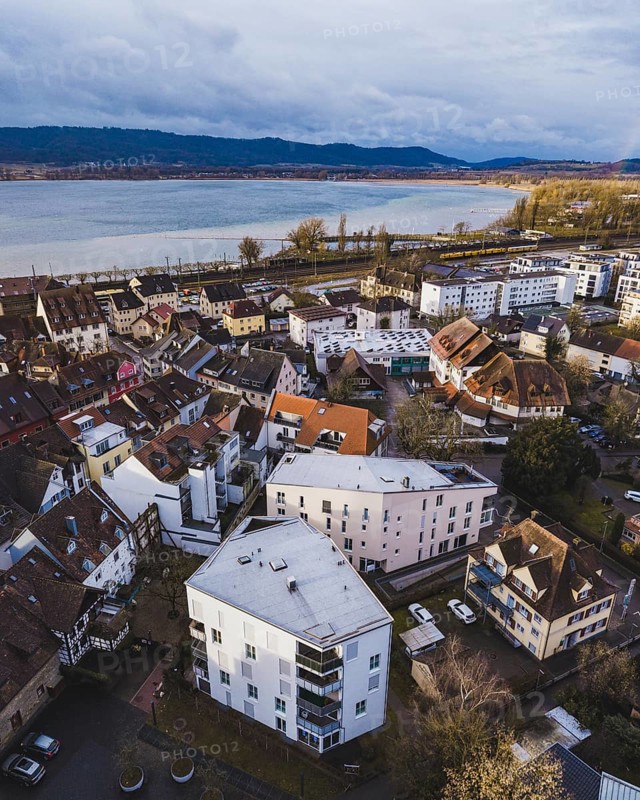 Aerial view of the city of Radolfzell am Lake Constance, residential buildings, residential areas, real estate, district of Konstanz, Baden-Württemberg, Germany