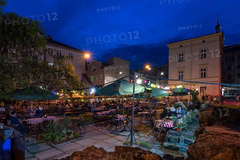 Garden restaurant in the evening, Lviv, Ukraine