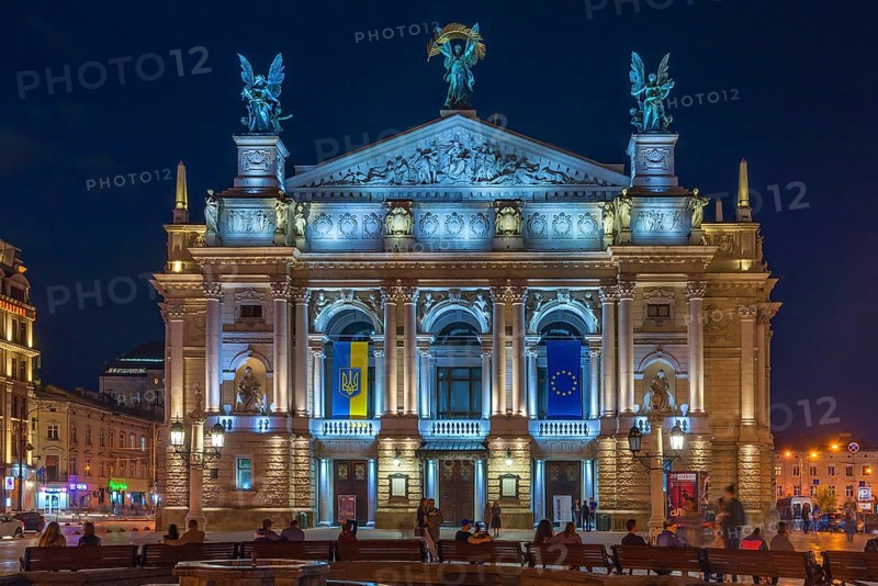 Opera house illuminated at night, Lviv, Ukraine