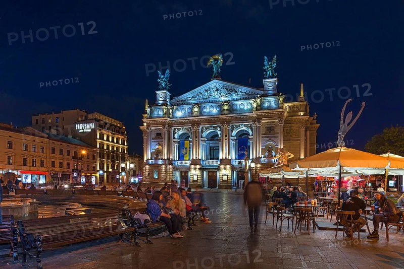 Opera Square with Opera House illuminated at night, Lviv, Ukraine