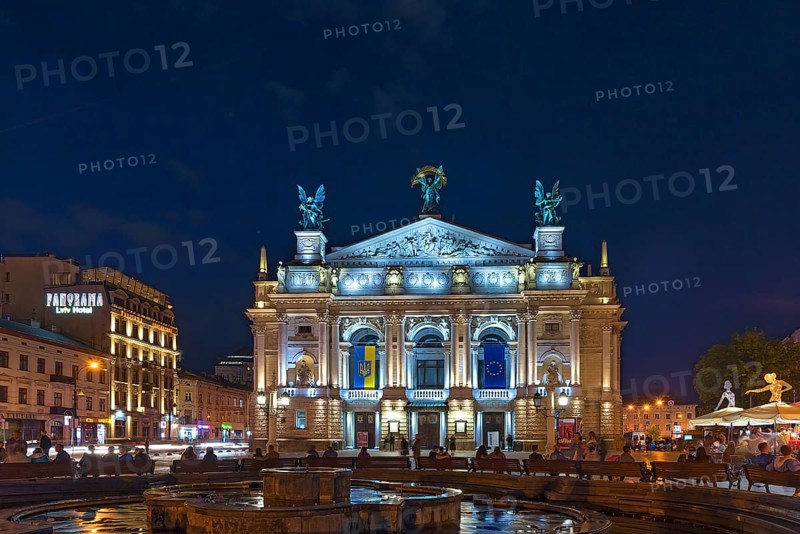 Lviv Opera House illuminated at night, Lviv, Ukraine