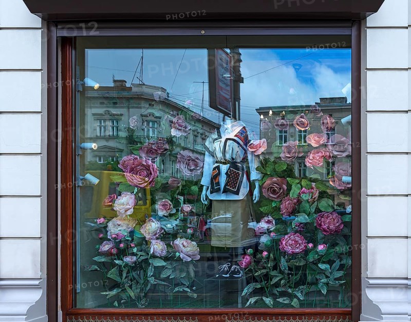 Fashion shop decorated with flowers, Lviv, Ukraine
