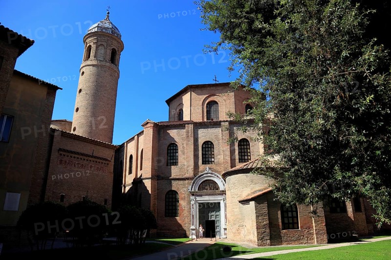 Basilica Basilica of San Vitale, is one of the most important church buildings of the late antique-early Byzantine period, with campanile, World Heritage Site, Ravenna, Emilia Romagna, Italy