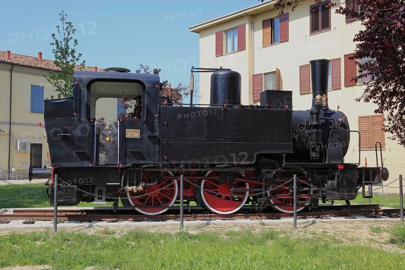 Brescello, next to the Don Camillo and Peppone museum is the Parco Giovannino Guareschi with the locomotive from the film Don Camillo and Peppone, Emilia-Romagna, Italy