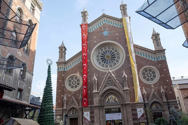 Istanbul, Turkey. December 2nd 2025. Church of Saint Anthony of Padua a catholic church with a Christmas tree and a Turkish flag, along Istiklal Street on the European side of Istanbul, Turkey